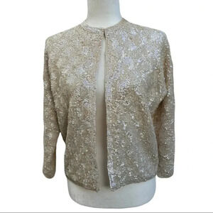 Vintage Sweater Cream Ivory Wool Elegant Cardigan Iridescent Sequins‎ Size 38​​